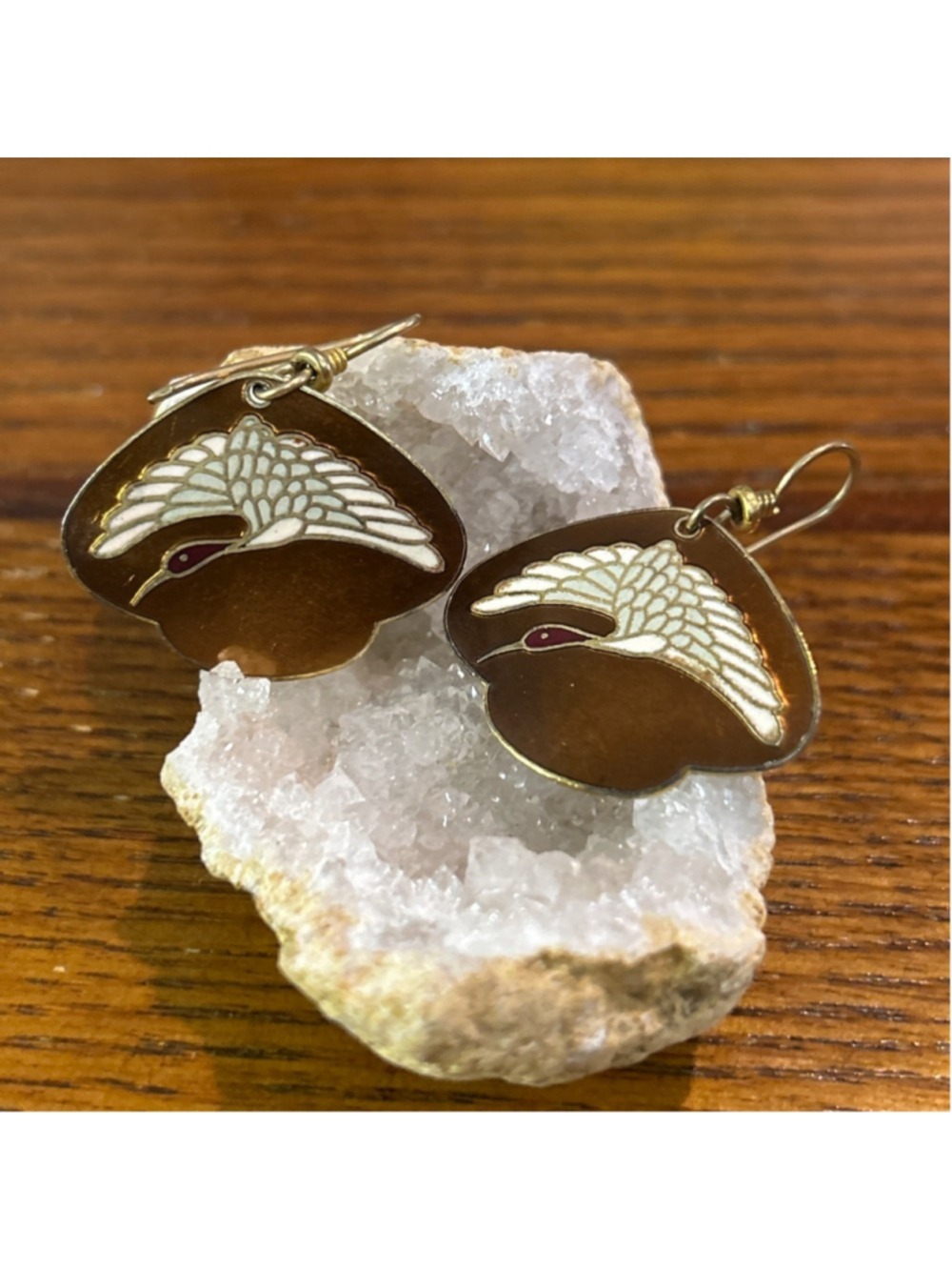 Laurel Burch Earrings CRANE BIRD Cloisonne Fan Dangle French Earwires Vintage